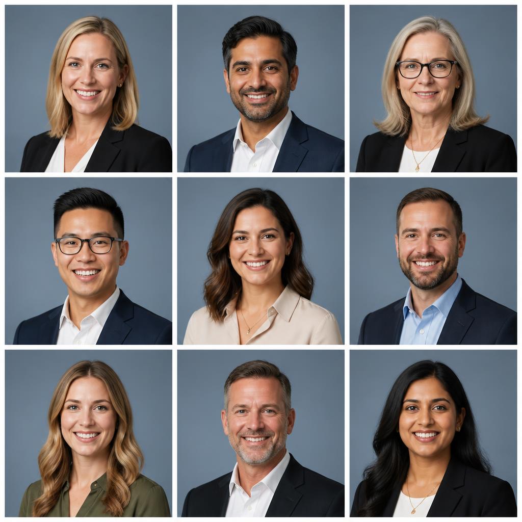 A grid of professional AI-generated headshots of diverse Australian professionals